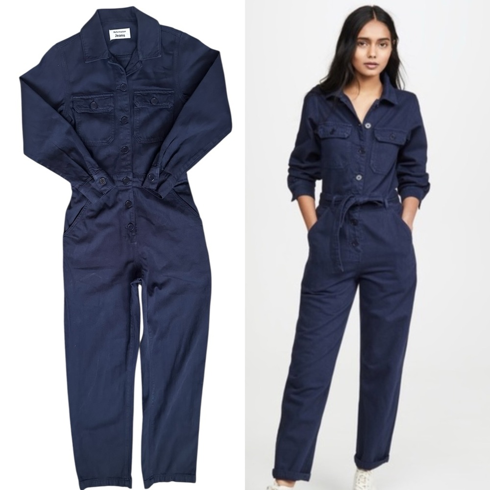 Reformation Kendall Navy Blue Long Sleeve Utility Collared Boiler Suit Size 2